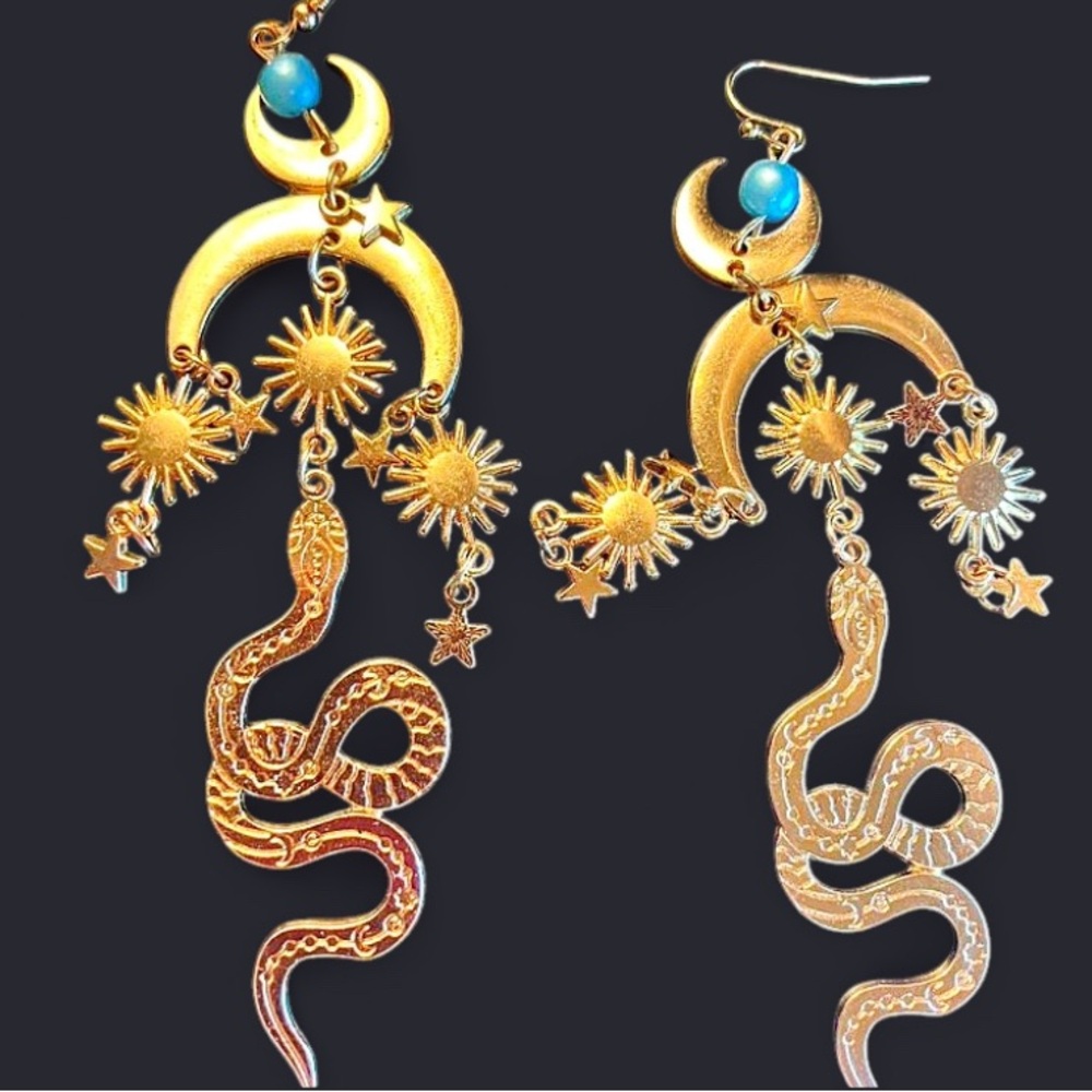 Gold and Blue Celestial Snake Earrings